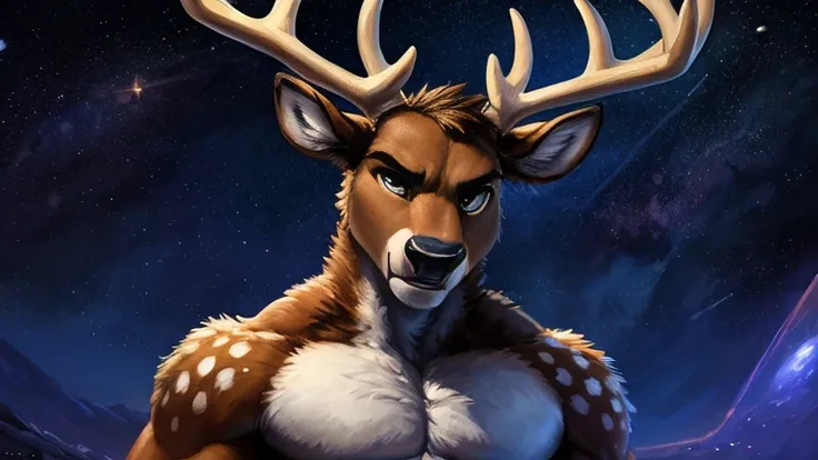 ((anthropomorphic deer)) with he has all black eyes
brown fur bright random white spots and muscular and antlers , big chest, da...