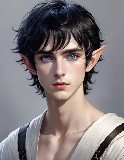 (best quality), 1boy, male, pale skin, black hair, short hair, tousled hair, messy bangs, bangs over eyes, blue eyes, perfect eyes, dark circles under eyes, lanky body, boyish, strong jawline, frown, attractive, (elf), pointed ears, fantasy clothes, mascul...