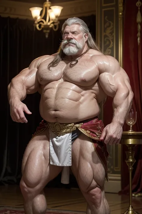 Hyperrealistic image of a merman superhero ballet dancer with gray hair and very long hair., very old and very sweaty bodybuilder over 80 years old.very muscular and fat. He weighs more than 200 kilos with a bare torso, large flabby pectorals, brown nipple...