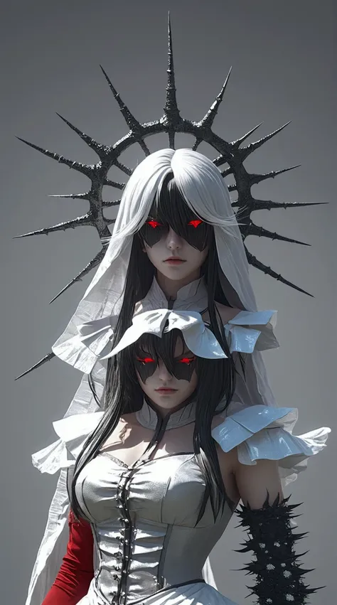 3d model, anime demon girl with red horns and long white hair, pale white skin and bright red eyes