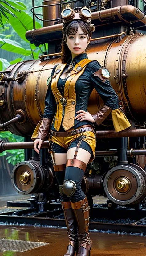 (masterpiece, best quality:1.2), (8k uhd, 16k, 32k, ultra high res), realistic photo, ultra sharp photo result, HDR10, superrealism, (The main subject: Wide-angle lens), (steampunk:1.2), beautiful japanese female, (super beautiful face), legs, Power mechan...