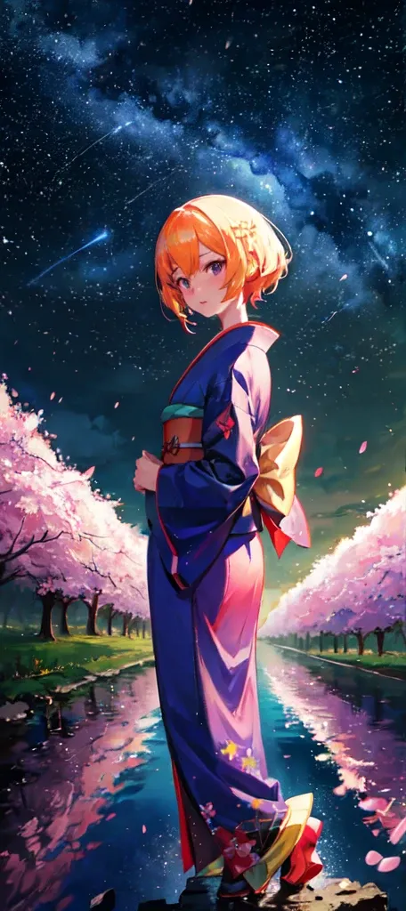  distant girl wearing a kimono staring at the (Zoom out:1.1), (Meteors:1.2), (comet:1.1),  Low - Angle, Aloura Borealis, shooting star, cherry blossoms, Standing in the field,Highest quality, masterpiece,  cloud,colorful, Starry sky,performer,