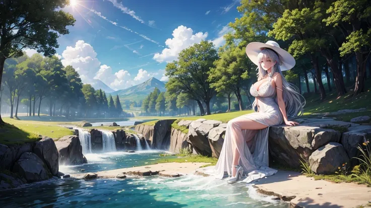 1girl, solo, full body, rural landscape, village, trees, sun, water stream, clouds, fantasy, silver hair, long hair, huge breasts, white dress, short dress, silver high heels, cleavage 1:3, elegant white hat, brown eyes, smile, looking at the viewer, sitti...