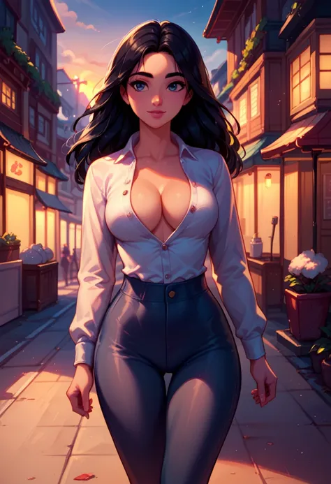 score_9, score_8_up, score_7_up, score_6_up, 1girl, solo, mulan (black hair, tight pants:1.1), (cotton blouse, unbuttoned:1.2), cleavage, looking cute, fashionable, cinematic lighting,, sunset, walking, streets of Paris, cowboy shot.