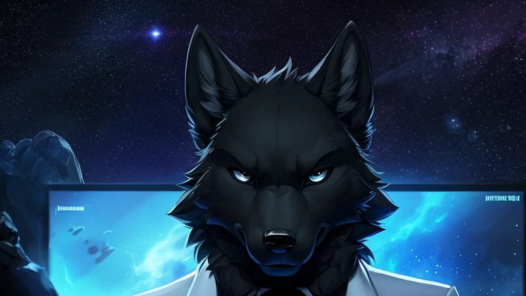 ((anthropomorphic black completely blacked out male wolf )) with He has all black eyes
 , big chest, day, sexy, sensual, detailed, uploaded to e621, beautiful and detailed portrait of an anthropomorphic black wolf  wearing a suit looking to the side of the...