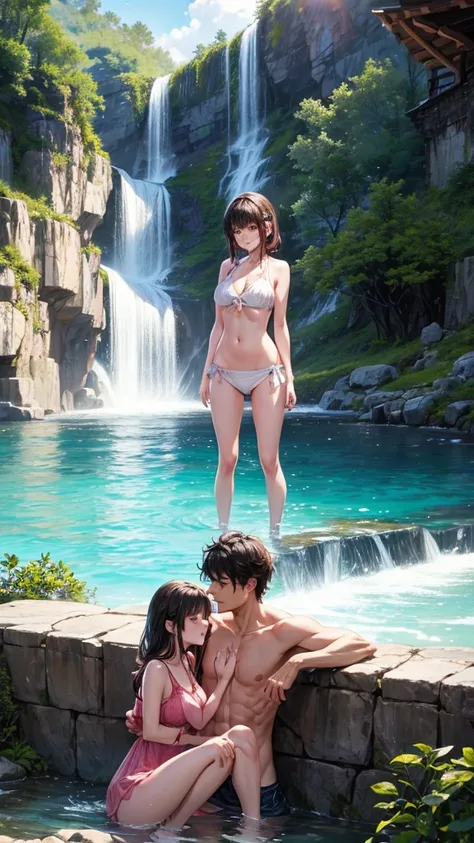 A couple is bathing under a waterfall. The couple is wearing short clothes and the girl has big hips. It is evening.