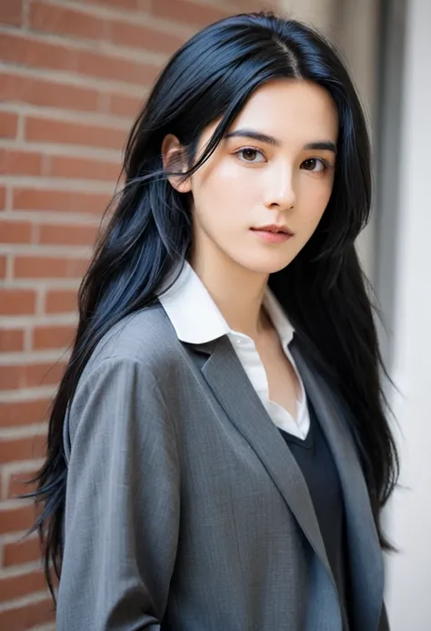 A cute woman with androgynous long black hair