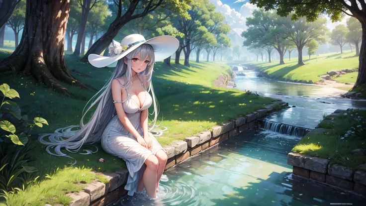 1girl, solo, full body, rural landscape, village, trees, sun, water stream, clouds, fantasy, silver hair, long hair, huge breasts, white dress, short dress, silver high heels, cleavage 1:3, elegant white hat, brown eyes, smile, looking at the viewer, sitti...