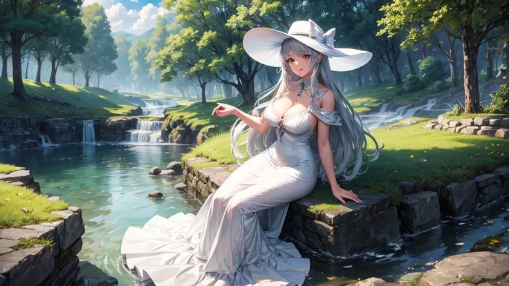 1girl, solo, full body, rural landscape, village, trees, sun, water stream, clouds, fantasy, silver hair, long hair, huge breasts, white dress, short dress, silver high heels, cleavage 1:3, elegant white hat, brown eyes, smile, looking at the viewer, sitti...