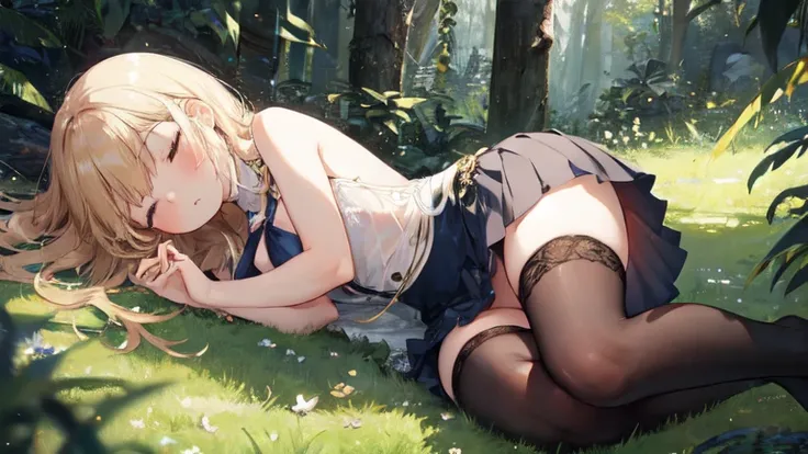 super high quality, Super detailed, Ultra-clear, forest, one person, long blonde hair, sleep, Swimsuit, Beautiful details on clothes, mini skirt, Stockings, Sexy