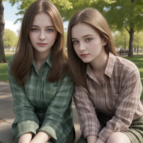 (((close up high definition))), two very calm beautiful teen aged pale girls, wearing dark green checkered shirt with brown long pants, sitting in City Park environment, beautiful, bright sky.