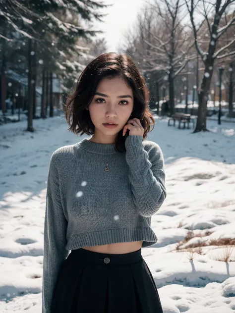 (Beauty shot:1.4), (Best quality:1.5), blue sky, (snowing:1.2), 23y, 1girl, indonesian, (tight breast), long sleeve sweater and skirt, (cute face:1.4), wavy short hair blowing in the wind, dramatic selfie posing in meadow with wild plants, kodacrhome, cine...