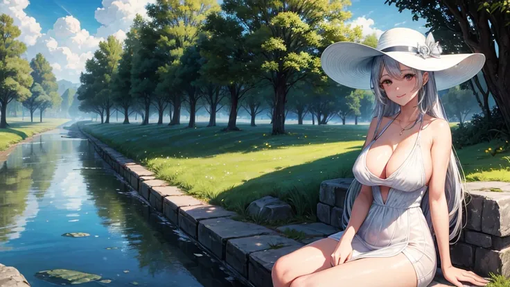 1girl, solo, rural landscape, village, trees, sun, water stream, clouds, fantasy, silver hair, long hair, huge breasts, nipples, white dress, ((short dress)), silver high heels, cleavage 1:3, elegant white hat, brown eyes, smile, looking at the viewer, sit...