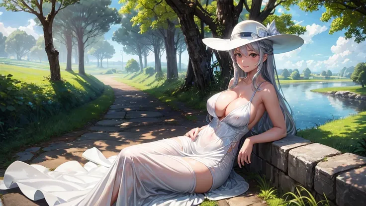 1girl, solo, rural landscape, village, trees, sun, water stream, clouds, fantasy, silver hair, long hair, huge breasts, nipples, white dress, ((short dress)), silver high heels, cleavage 1:3, elegant white hat, brown eyes, smile, looking at the viewer, sit...