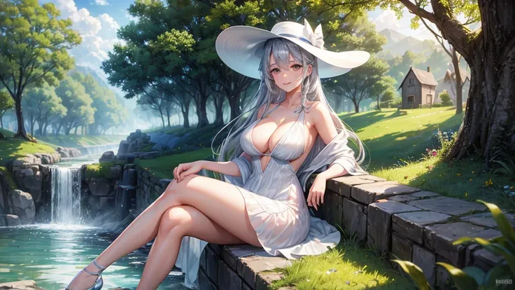 1girl, solo, rural landscape, village, trees, sun, water stream, clouds, fantasy, silver hair, long hair, huge breasts, nipples, white dress, ((short dress)), silver high heels, cleavage 1:3, elegant white hat, brown eyes, smile, looking at the viewer, sit...