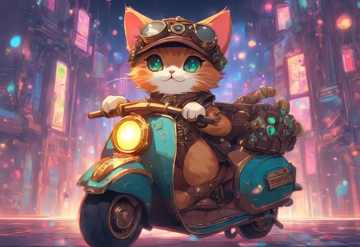 Concept Art, A steampunk kitten with boots sitting on a vespa moped with sunglasses, vector, geometric tshirt design