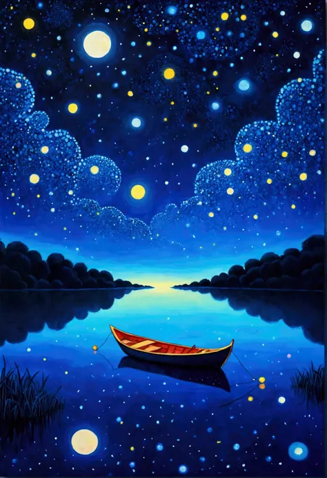 Blue starry sky、Neon，A small boat on a quiet lake，firefly，Dreamy colors，Illustration style（Artists can refer to Yayoi Kusama）