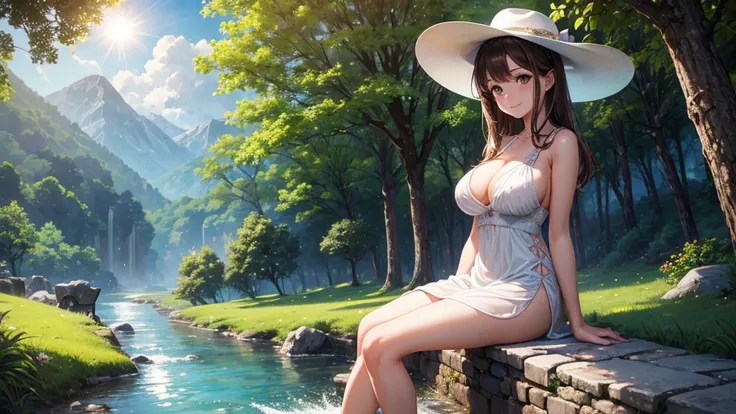 1girl, solo, rural landscape, village, trees, sun, water stream, clouds, fantasy, brown hair, huge breasts, nipples, white dress, ((short dress)), silver high heels, cleavage 1:3, elegant white hat, brown eyes, smile, looking at the viewer, sitting on a st...