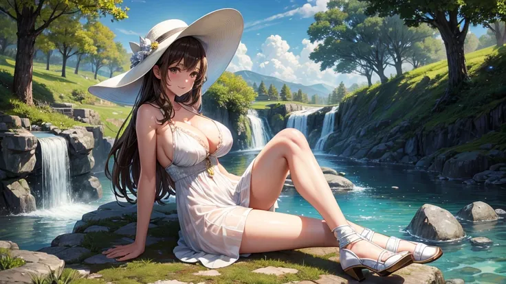 1girl, solo, rural landscape, village, trees, sun, water stream, clouds, fantasy, brown hair, huge breasts, nipples, white dress, ((short dress)), silver high heels, cleavage 1:3, elegant white hat, brown eyes, smile, looking at the viewer, sitting on a st...