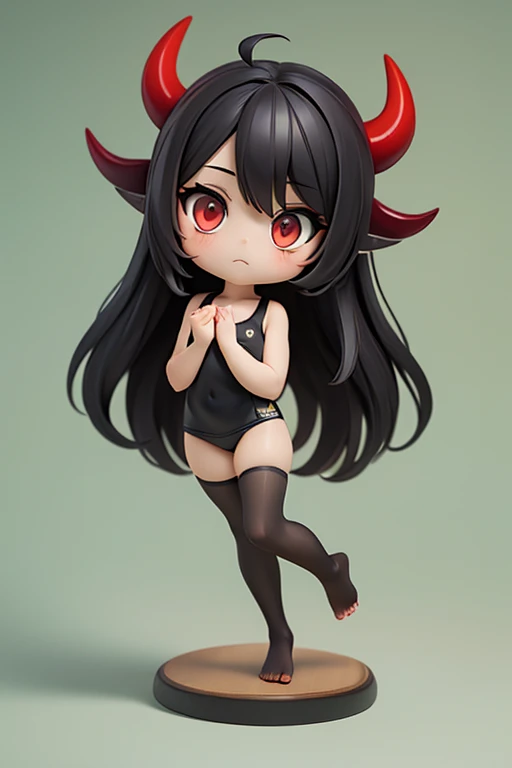 young girl,,mini character,red eyes,black hair,long hair,dark atmosphere,deformed character,horns growing,devil horns,ahoge,pale...