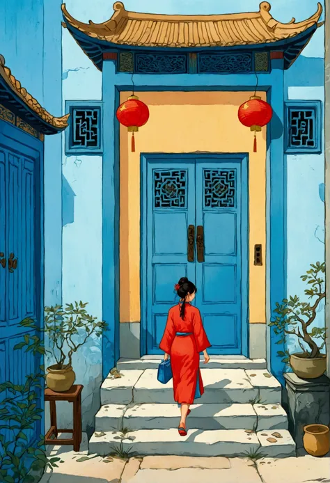 A woman walks in front of a blue door, Chinese Girl, Color illustrations, full Color illustrations, Color illustrations, Colorfull illustration