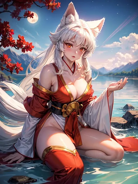 The character Inuyasha from the anime Inuyasha. 
He was female, with ample breasts and hips, With golden eyes, white hair and had a fluffy fox tail. 
She sat on the shore of the lake under the moon. 
Iconic red kimono with long sleeves and white patterns. ...