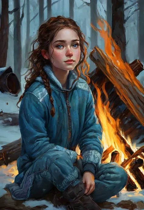 A girl with shoulder-length wavy brown hair, a short ponytail on the back of her head, and blue eyes, the girl has freckles and is in the foreground . This girl is sitting by a campfire in a dark, frightening winter forest. The girl wears warm winter cloth...