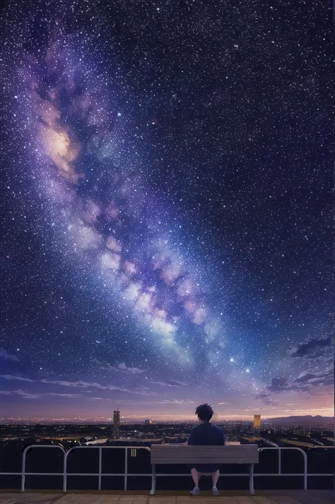 Octane, null, star (null), scenery, starry null, night, One girl, night null, alone, Outdoor, building, cloud, milky way, Sitting, wood, Long Hair, city, silhouette, cityscape , masterpiece, 最High quality,, cloud,Starry Sky,,Night Sky High Resolution, accu...