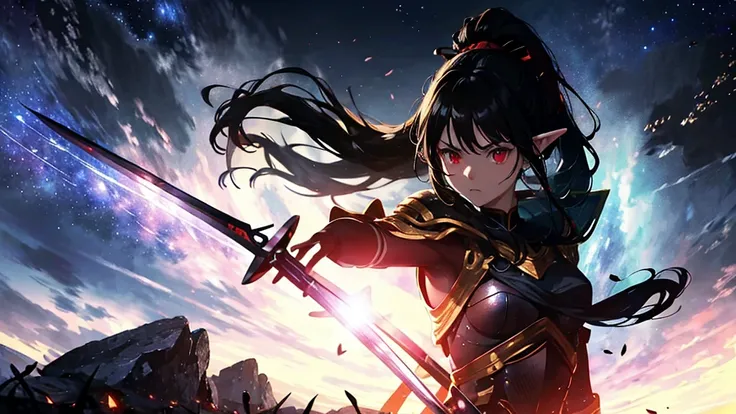 girl，，black hair，long hair，red eyes，glowing eyes，glowing eyes，Black-red armor，long skirt，The background is universe，starry sky，universe，Earth，black hole，Mystery，black hair band，tied up hair，elf ears，Black branches，brandishing a sword，Gold and black greatsw...