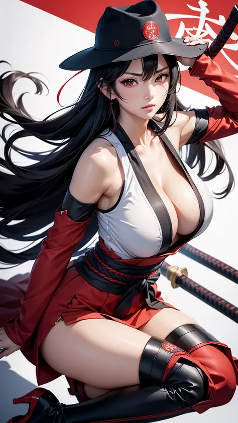 anime(Hyakka Ryouran: Samurai Girls), female  , sexy (very big tits), actress (Yukimura Sanada),  red eyes , black hair that is to waist length , hat, knee highs, katana, dress (Ninja outfit), She was using a fighting fan at the sword dojo. 