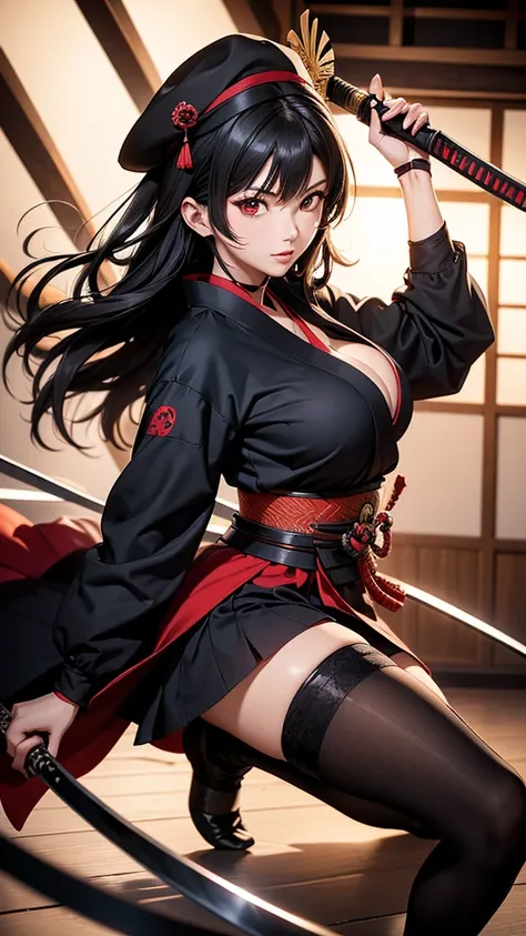 anime(Hyakka Ryouran: Samurai Girls), female  , sexy (very big tits), actress (Yukimura Sanada),  red eyes , black hair that is to waist length , hat, knee highs, katana, dress (Ninja outfit), She was using a fighting fan at the sword dojo. 