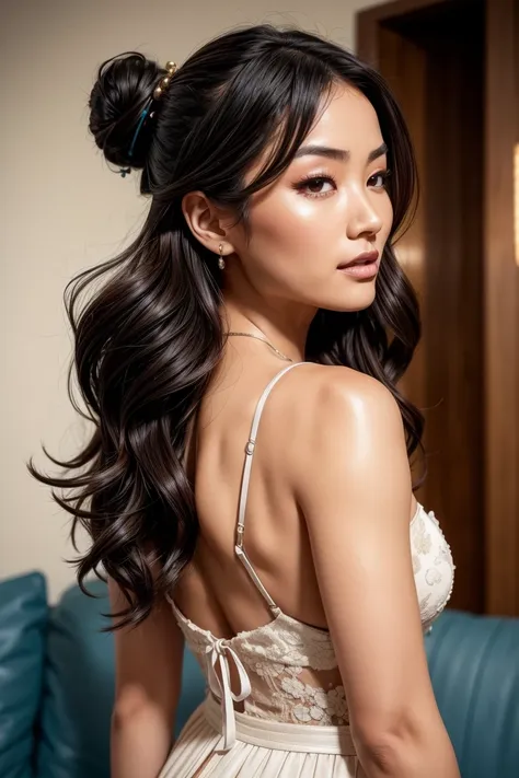 from below, A beautiful Asian woman, 23 years, bun and wavy hair, she is a men&#39;s magazine model, He has a subtle smile and flirts with the camera., (she is on the street of a futuristic cyberpunk city at night), (She wears a red leather Victorian cyber...