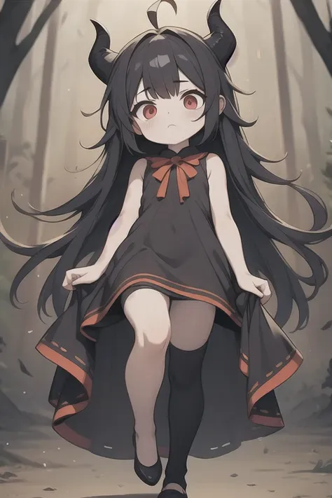 young girl,,wearing a one-piece dress,mini character,red eyes,black hair,long hair,dark atmosphere,deformed character,horns grow...