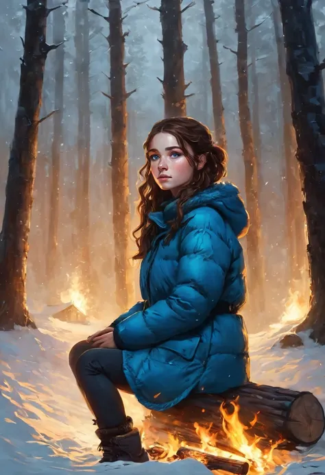 A girl with shoulder-length wavy brown hair, a short ponytail on the back of her head, and blue eyes, the girl has freckles. This girl is sitting by a campfire in a dark, frightening winter forest. The girl wears warm winter clothes and equipment.