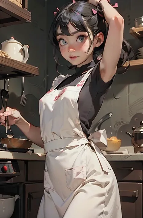 best image quality、raw photos、ultra-high resolution、japan、cooking apron、white t-shirt under a black apron、big round breasts、a sh...