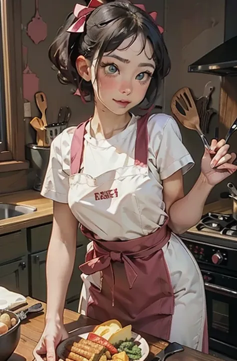 best image quality、raw photos、ultra-high resolution、japan、cooking apron、white t-shirt under a black apron、big round breasts、a sh...