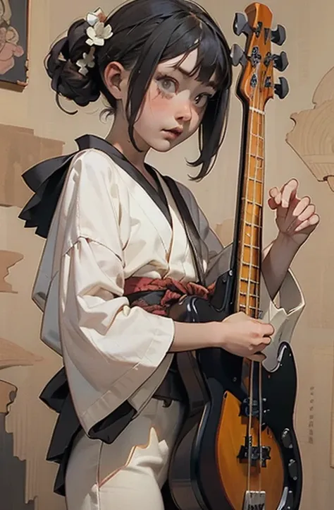 (masterpiece), (high resolution), (very delicate), (masterpiece: 1.2, highest quality), ((girl playing bass)), scribble, nightma...