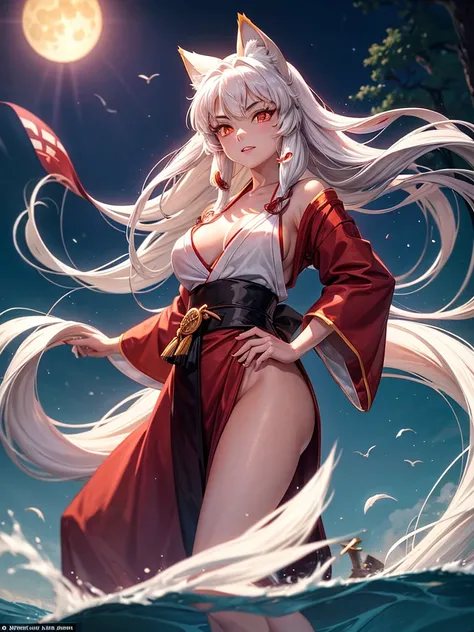 The character Inuyasha from the anime Inuyasha. 
He was female, with ample breasts and hips, with bright yellow eyes, very long white hair, lush fluffy fox tail behind his back. 
She sat on the shore of the lake under the moon. 
Canonical red kimono with l...