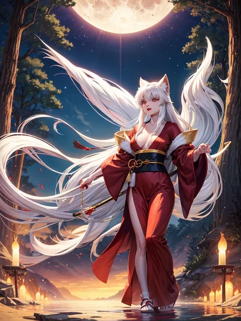 The character Inuyasha from the anime Inuyasha. 
He was female, with ample breasts and hips, with bright yellow eyes, very long white hair, lush fluffy fox tail behind his back. 
She sat on the shore of the lake under the moon. 
Canonical red kimono with l...