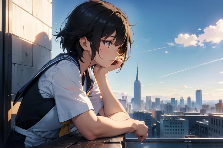 (Masterpiece,Best quality,Ultra high resolution: 1.1),Best Anime Wallpaper Winner,by Makoto Shinkai,realistic,highres,A female student sitting on the rooftop overlooking the city,Side face,Detail aspect,Reasonable structure,breasts,(Yellow short hair),solo...