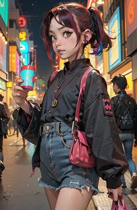 punk girl、tosaka、without mohawk sleeves、tattoo、headphones、🎧、goth_punk, one girl, solo, medium shot, walking around harajuku, ((a...