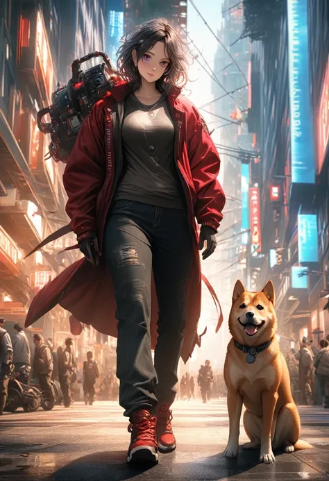 Realistic Dog、Shiba Inu、Realistic depiction、Eyes in soft focus、Bright colors、Future City 360 Degree、Panorama、Brave、special tasks、The alarm goes off、Rimlight transparent special effect、Full body portrait、OC Renderer、Octane Renderer、Ultra detailed futuristic...