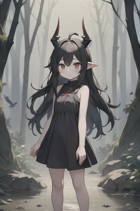 young girl,,wearing a one-piece dress,mini character,red eyes,black hair,long hair,dark atmosphere,deformed character,horns grow...