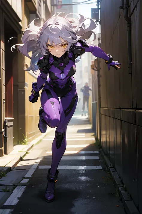 1female, Silver Hair, Purple Combat Suit, Wavy Hair, Black Gloves, Combat Boots, Yellow Eyes, Serious Expression, Lean, High Ranker, Adult Female, City, Running through an Alley