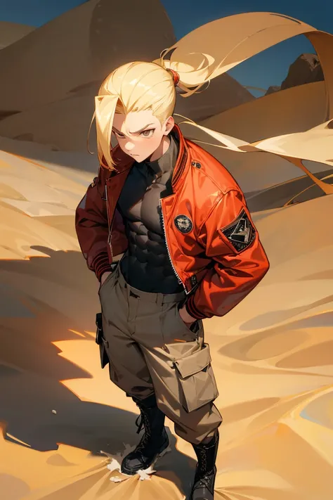 1male, Blonde Hair, Red Bomber Jacket, Slick Back Hair, Grey Cargo Pants, Combat Boots, Brown Eyes, Determined Expression, Muscular, Irregular, Young Male, Desert, Standing on a Dune