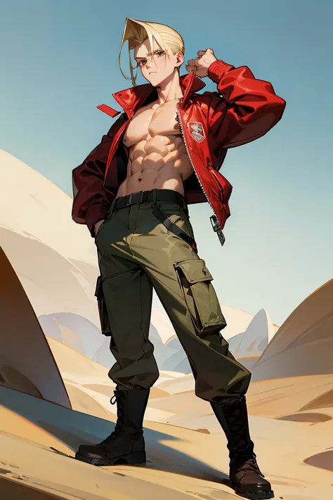 1male, Blonde Hair, Red Bomber Jacket, Slick Back Hair, Grey Cargo Pants, Combat Boots, Brown Eyes, Determined Expression, Muscular, Irregular, Young Male, Desert, Standing on a Dune