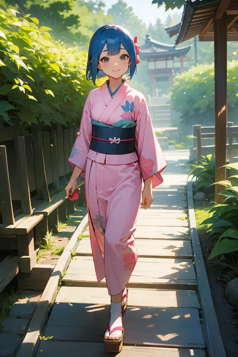 1female, Blue Hair, Pink Kimono, Straight Hair, Wooden Sandals, Traditional Japanese Attire, Grey Eyes, Smiling, , Fisherman, Adult Female, Garden, Walking along a Path