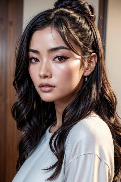 from below, A beautiful Asian woman, 23 years, bun and wavy hair, she is a men&#39;s magazine model, He has a subtle smile and flirts with the camera., (she is on the street of a futuristic cyberpunk city at night), (She wears a red leather Victorian cyber...