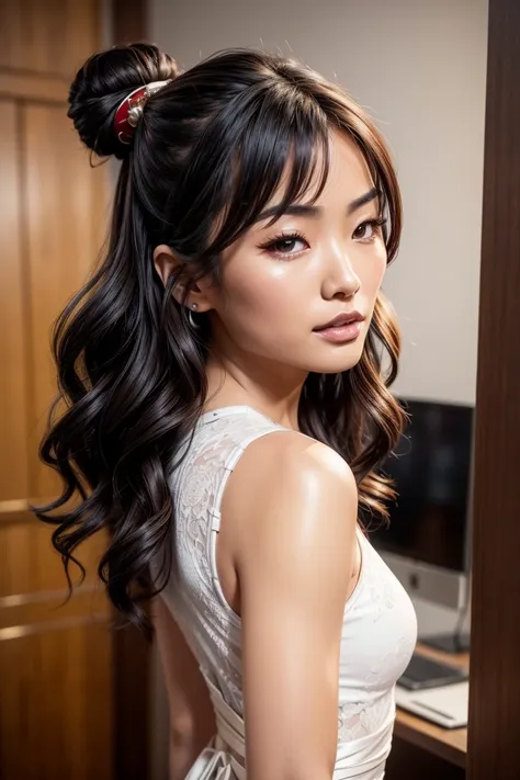 from below, A beautiful Asian woman, 23 years, bun and wavy hair, she is a men&#39;s magazine model, He has a subtle smile and flirts with the camera., (she is on the street of a futuristic cyberpunk city at night), (She wears a red leather Victorian cyber...