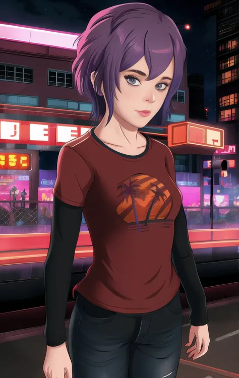 red shirt, long sleeves, standing, neon lights, night, looking at viewer, blue jeans, solo, bernadetta, purple hair, grey eyes, ...